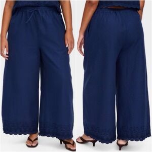 Roller Rabbit x Target Navy Cotton Linen Wide Leg Embroidered Pants M Last One